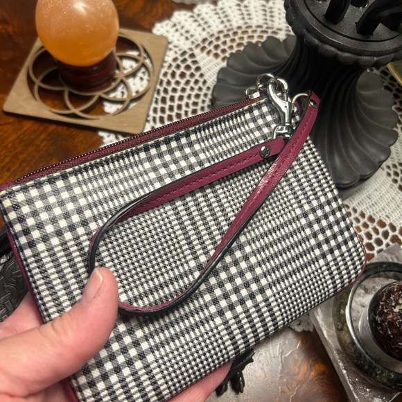 Coach Black White Burgundy Red Plaid Pouch Wristlet - Picture 3 of 6